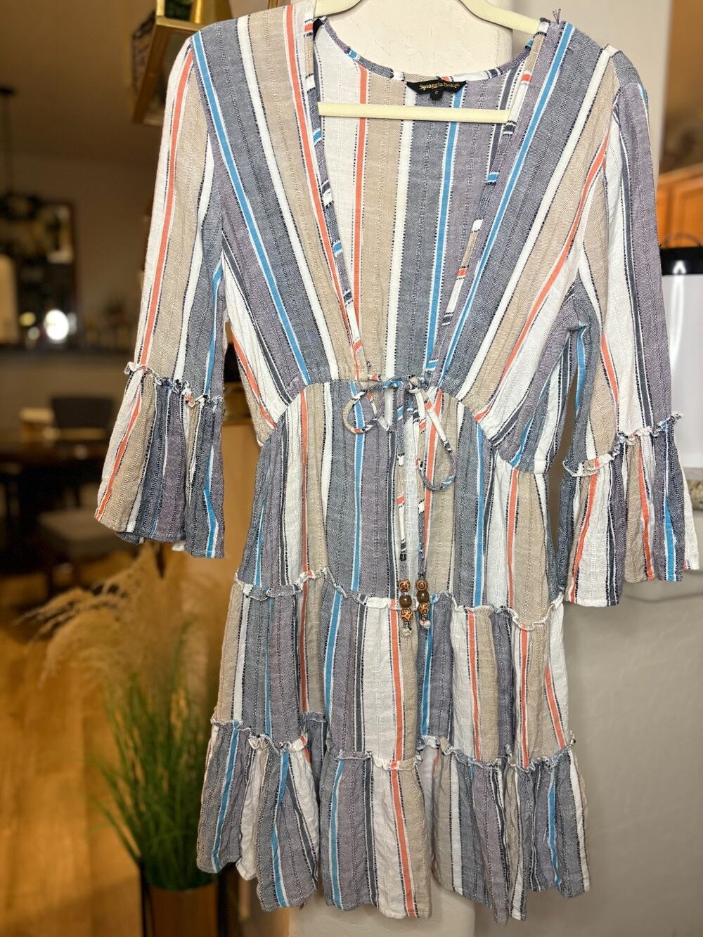 Spiaggia Dolce Deep V-Neck Striped Tassels Beach Tunic Dress Cover-up small 4-8